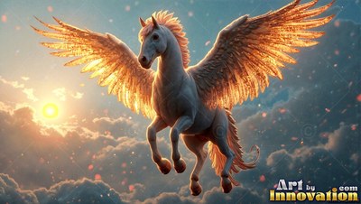 Soaring through clouds, a white winged horse spreads feathered wings toward the sun