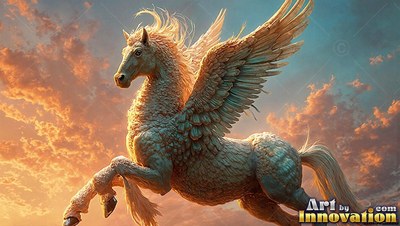 A winged horse flying through orange sunset clouds