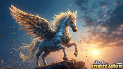Golden wings spread wide on an armored winged horse rearing on rocks at sunset