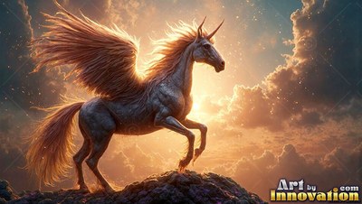 A winged unicorn rears up on a rocky hill in front of warm sunset clouds