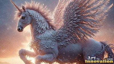 Rearing into the pink evening sky, a winged white unicorn lifts feathered wings