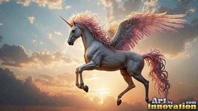A winged unicorn with pink feathers flies through warm sunset clouds