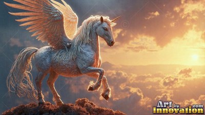 Above sunset clouds, a winged white unicorn rears up on a rocky ledge