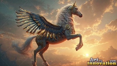 Rearing against sunset clouds, a white winged unicorn spreads gold-tipped wings