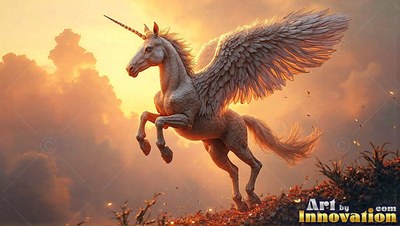 Winged bright white unicorn rearing up against orange sunset clouds