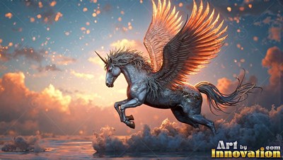 Golden feathered wings carry a white alicorn through pink sunset clouds