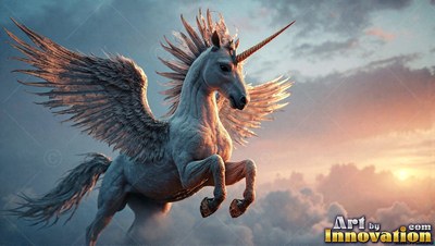 A winged white unicorn rears in flight above clouds lit by a warm sunset