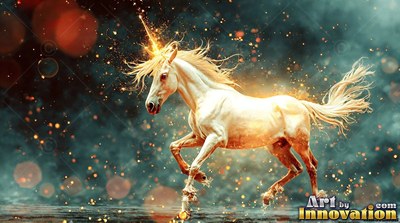 Galloping from the side across dark water, a white unicorn in golden sparks