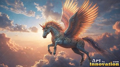 A winged unicorn soars through soft clouds in a golden sunset sky