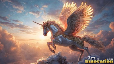 Above pink sunset clouds, a winged pure white unicorn flies with spread feathered wings