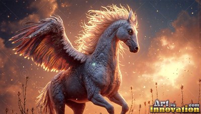 Galloping under sunset clouds, a white winged horse spreads its feathers across the sky