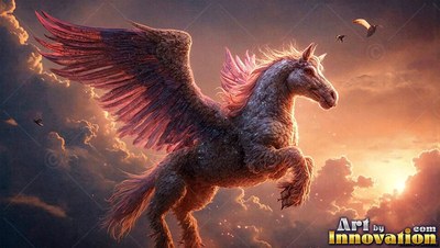 Winged horse flying through clouds at sunset