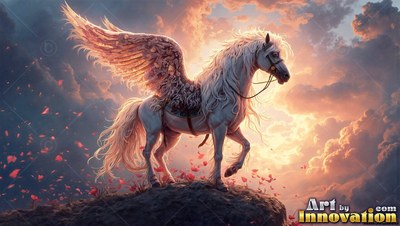 Feathered wings stretched wide, a white winged horse stands on a rocky hill at sunset