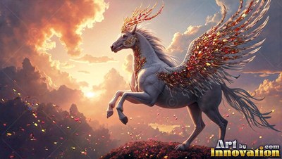 A winged unicorn rears up on a hill against warm sunset clouds