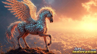 Standing in profile on a rocky ridge above clouds, a winged horse faces the sunset