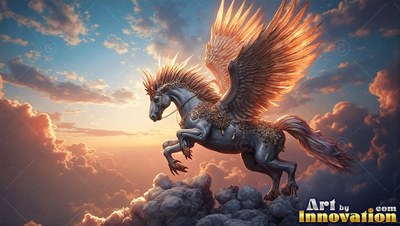 A winged horse with a horn leaps above fluffy sunset clouds