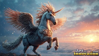 Above the clouds at sunset, a pure white alicorn rears up with spread wings