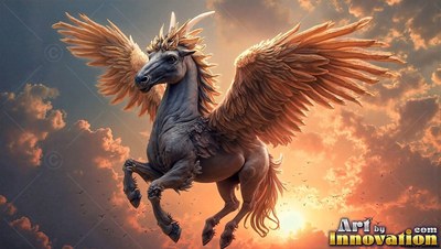 Soaring through sunset clouds, a gray alicorn spreads wide feathered wings