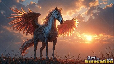 Winged horse spreads its wings in a field at sunset