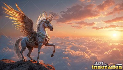 Golden wings spread wide on an alicorn perched on a cliff above clouds at sunset