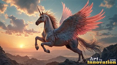A pale white alicorn leaps through the sky above mountains as sunset turns its wings pink