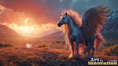 Standing in profile in a mountain valley, a winged unicorn faces an orange sunset