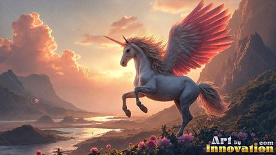 A bright white alicorn rears up on a mountain ridge against pink sunset clouds