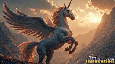 In a rocky mountain valley, a winged white unicorn rears up in warm sunlight