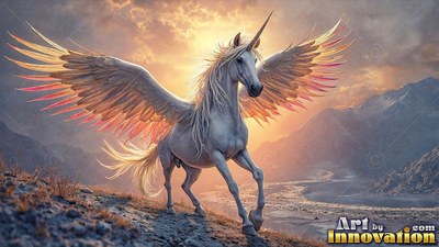 Spreading feathered wings, a bright white alicorn trots along a rocky ridge at sunset