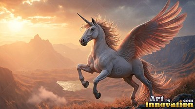 A winged snow-white unicorn prancing over misty mountains at sunset