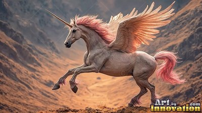 Pink mane blowing back, a winged unicorn sprints along a rocky brown mountain canyon