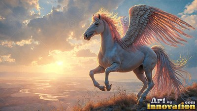 A winged horse gallops across a hilltop with pink sunlight on its feathers