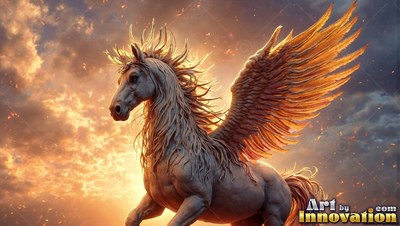 Rearing up in the sunset sky, a winged white horse spreads feathered wings