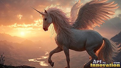 A flying pure white unicorn walks along a mountain ridge in the golden sunset