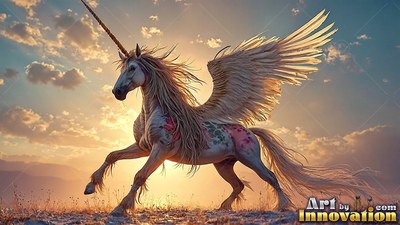 Under a sunset sky, a white winged unicorn charges across an open field