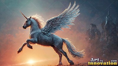 Prancing with raised wings, a white alicorn moves across orange clouds at sunset