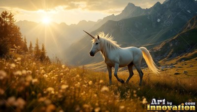 A white unicorn trotting across a grassy mountain valley at sunrise