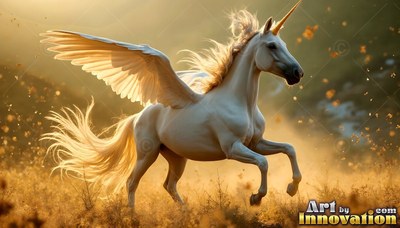Large feathered wings spread as a snow-white alicorn gallops through golden dust