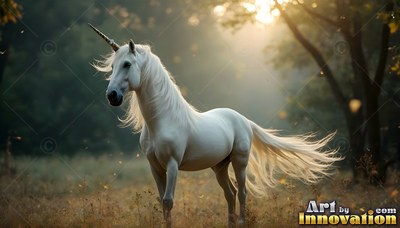 A pale white unicorn stands in a misty clearing with warm sunlight behind it