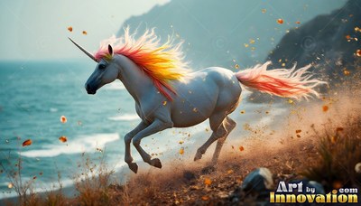 Galloping unicorn with a fiery mane along a sandy coast