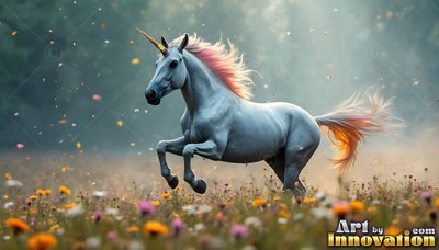 A white unicorn with a pink mane gallops through a field of wildflowers