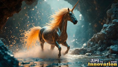 In a dark rocky cave, a silver unicorn with a gold mane gallops through shallow water