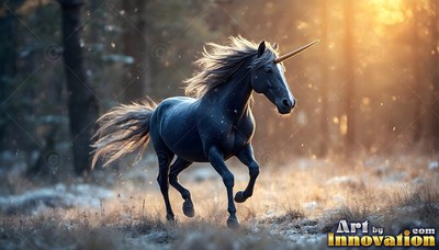 Galloping through a frosty forest, a dark unicorn runs in warm morning light
