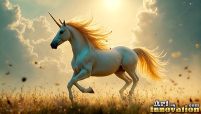 Snow-white unicorn galloping across a field in the bright sunlight