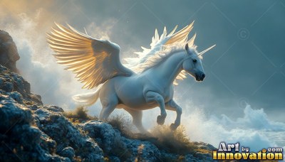 Golden feathered wings spread from a white alicorn running up a rocky ridge into clouds