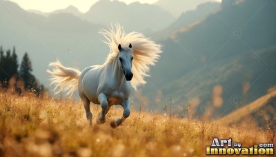 A white horse gallops across a mountain meadow in warm afternoon light