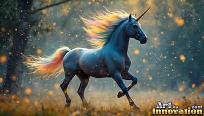 Trotting in profile through a dim forest, a unicorn has a pastel mane