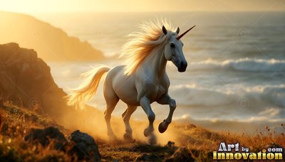 A snow-white unicorn runs along a grassy seaside cliff in warm sunlight