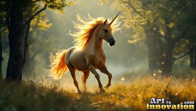In a sunlit forest clearing, a pale unicorn canters through tall yellow grass