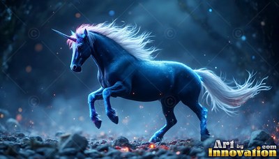 Galloping across rocky ground, a dark blue unicorn tosses its pale mane in the night